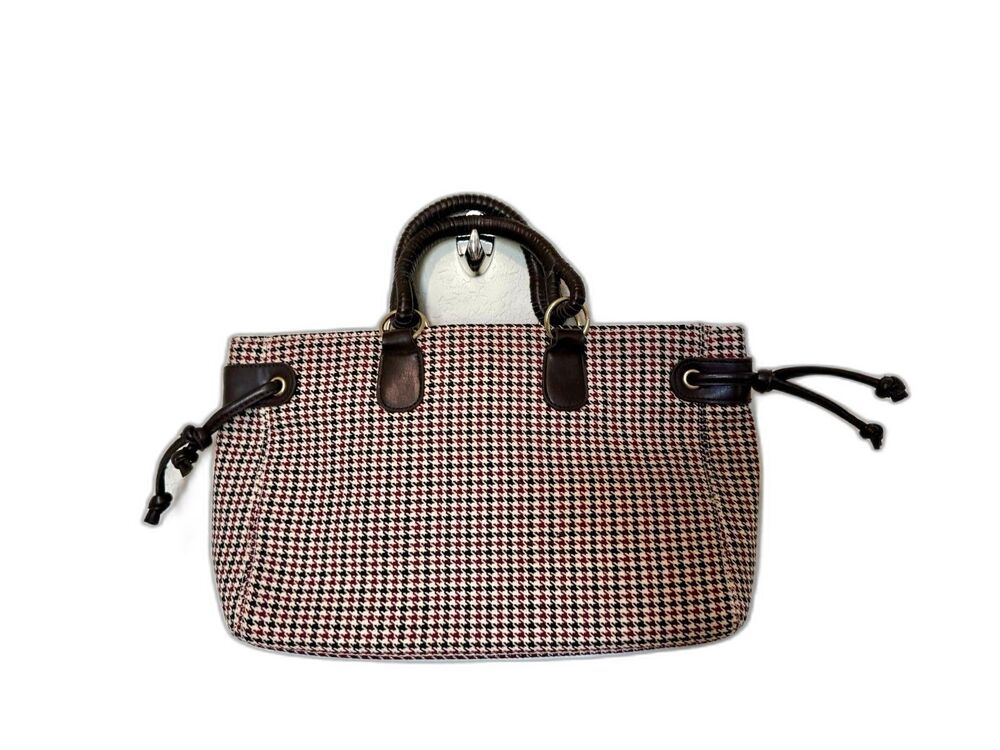 Victoria’s Secret Houndstooth Top Handle Handbag Small Brown Ivory Fabric Purse